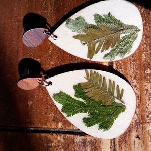 Decoupaged wood earrings, teardrop shaped with dried ferns